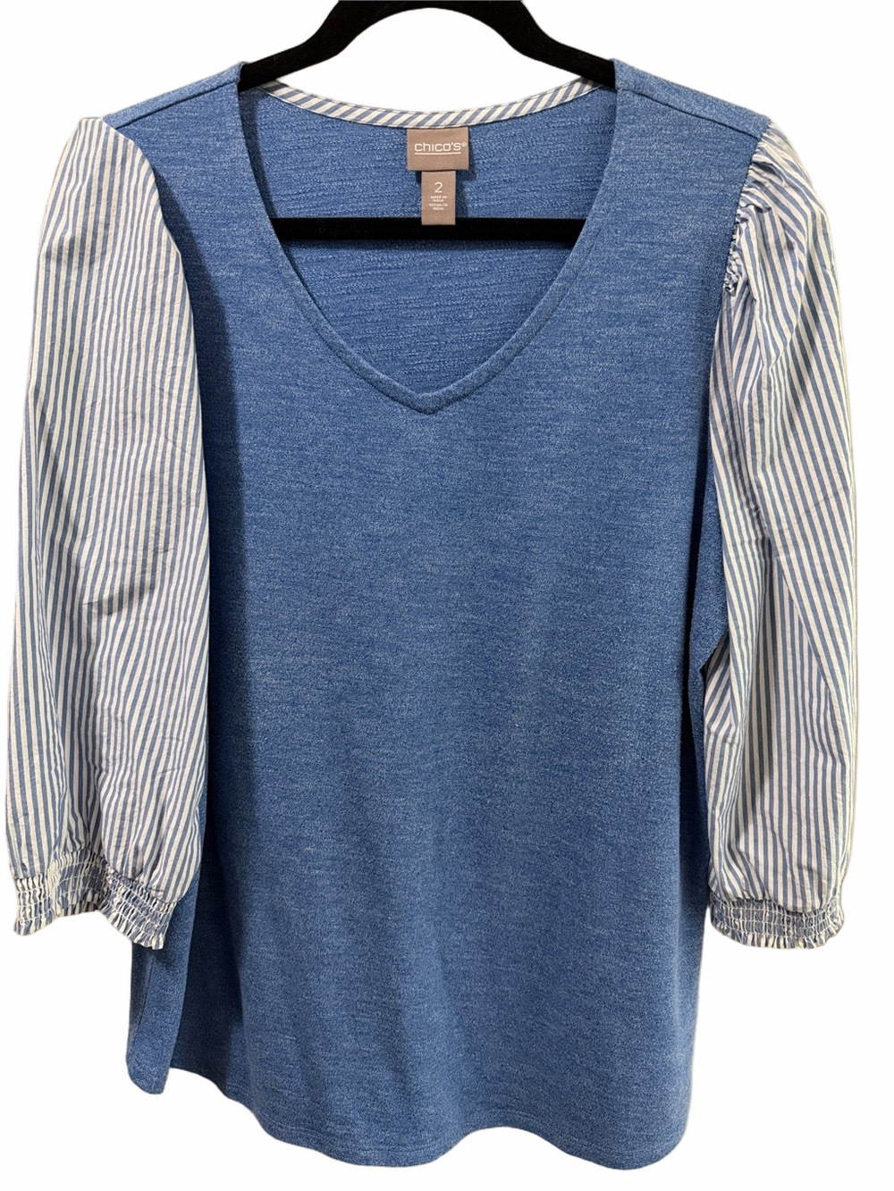 Chico's Size 2/women’s 12 Blue V-Neck Top with Blue-White Striped Puff Sleeves